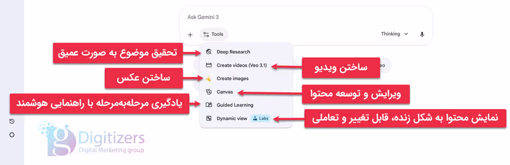 توضیحات منوی tools جمنای | دیجیتایزر